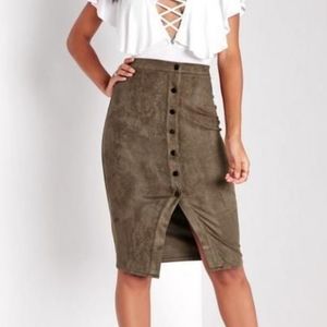 Missguided Olive Suede Button-Front Pencil Skirt